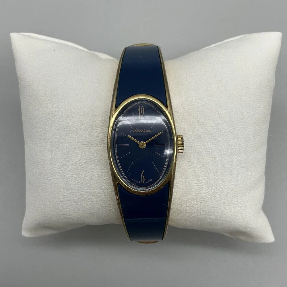 Vintage Lucerne Womens Watch 18mm Blue Dial Gold Tone Swiss Manual Wind 6.25